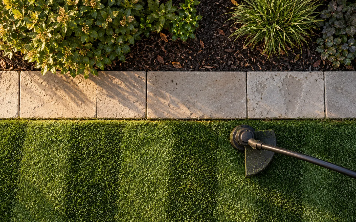 A lawn edge cut in a crisp straight line against a stone path, a string trimmer lying beside it.