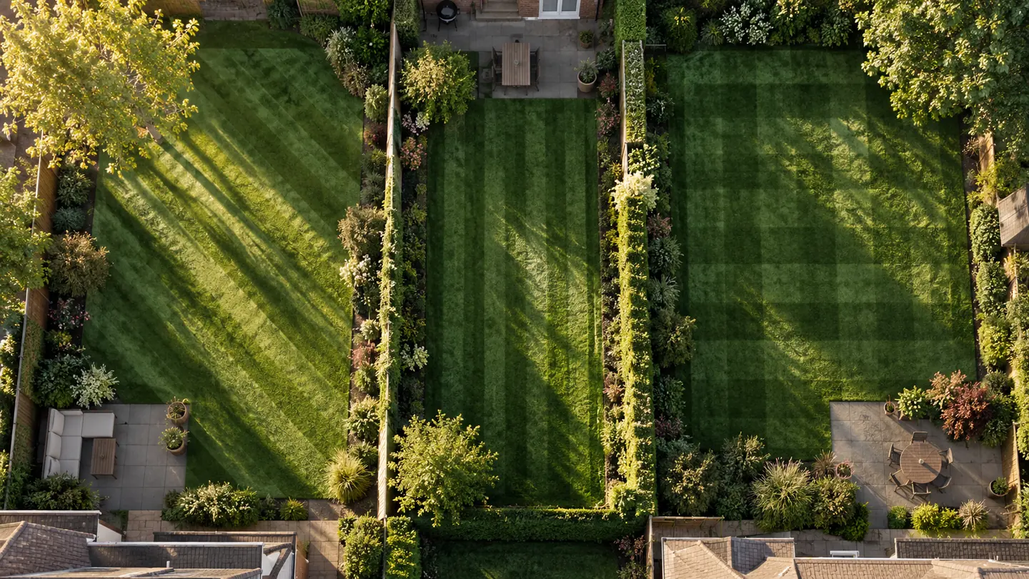 Three neighbouring back gardens from above, each lawn a different size and striped in a different direction.