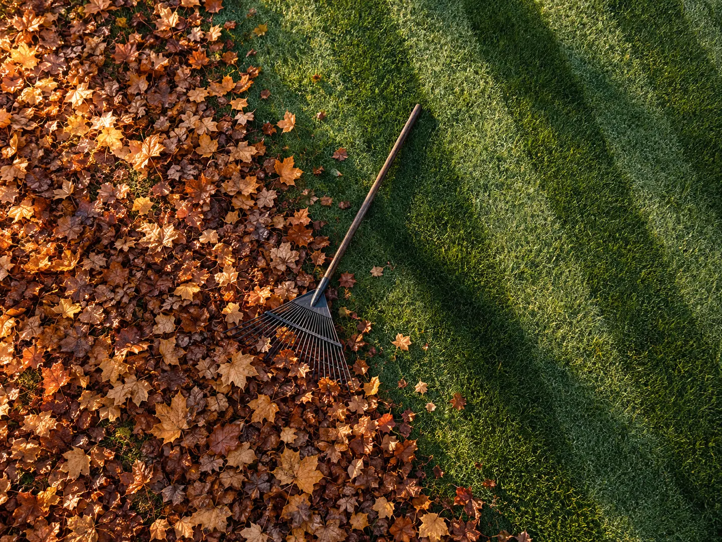 An autumn lawn half under fallen leaves and half raked clean, a rake lying along the line.