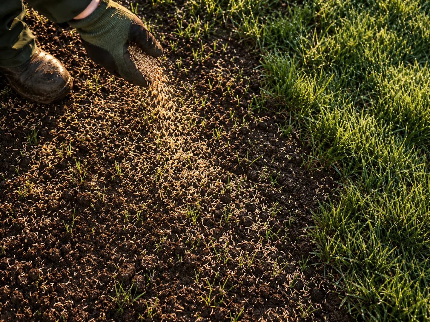 Grass seed falling from a gloved hand onto raked soil, first green shoots coming through.